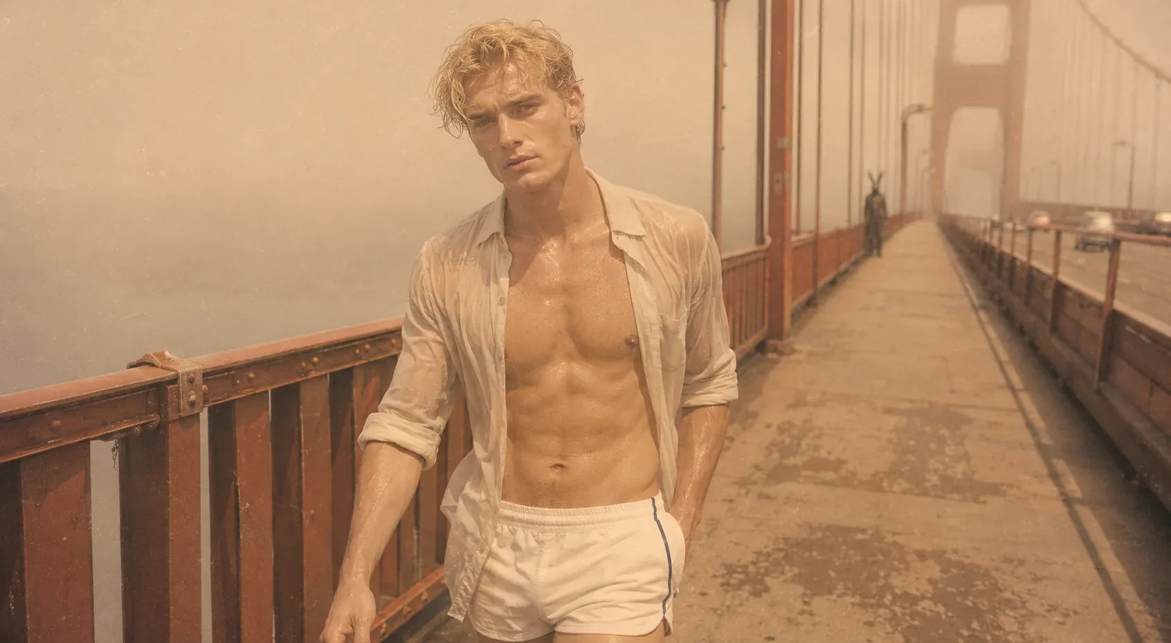 Sun-soaked editorial portrait on a suspension bridge with warm haze and cinematic styling.
