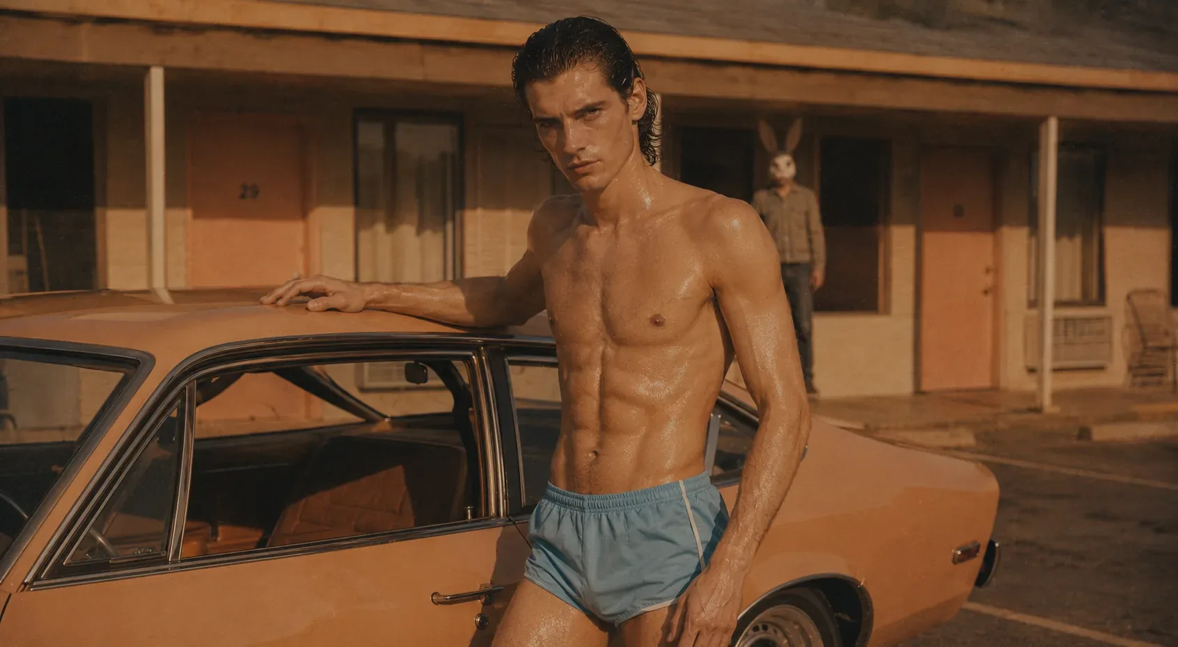 Warm motel portrait beside a vintage coupe with a masked figure in the background.