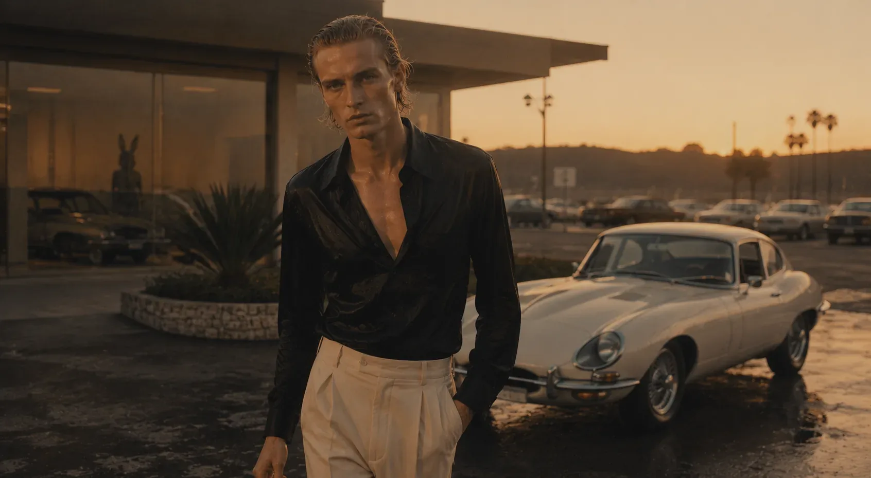 Golden-hour car portrait outside a glass-front showroom with a white classic coupe.