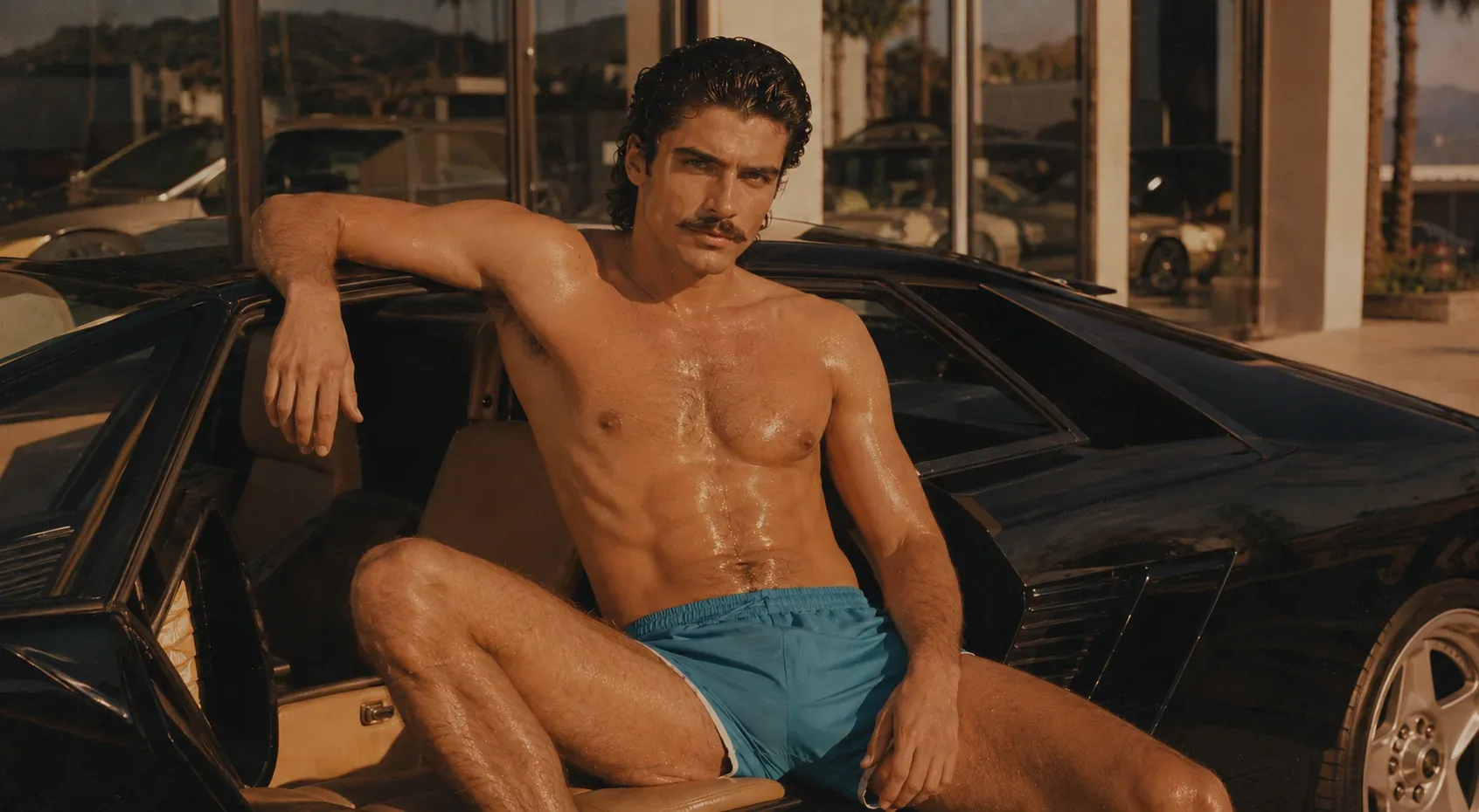 Editorial sportswear portrait seated in a black vintage car under hard afternoon light.