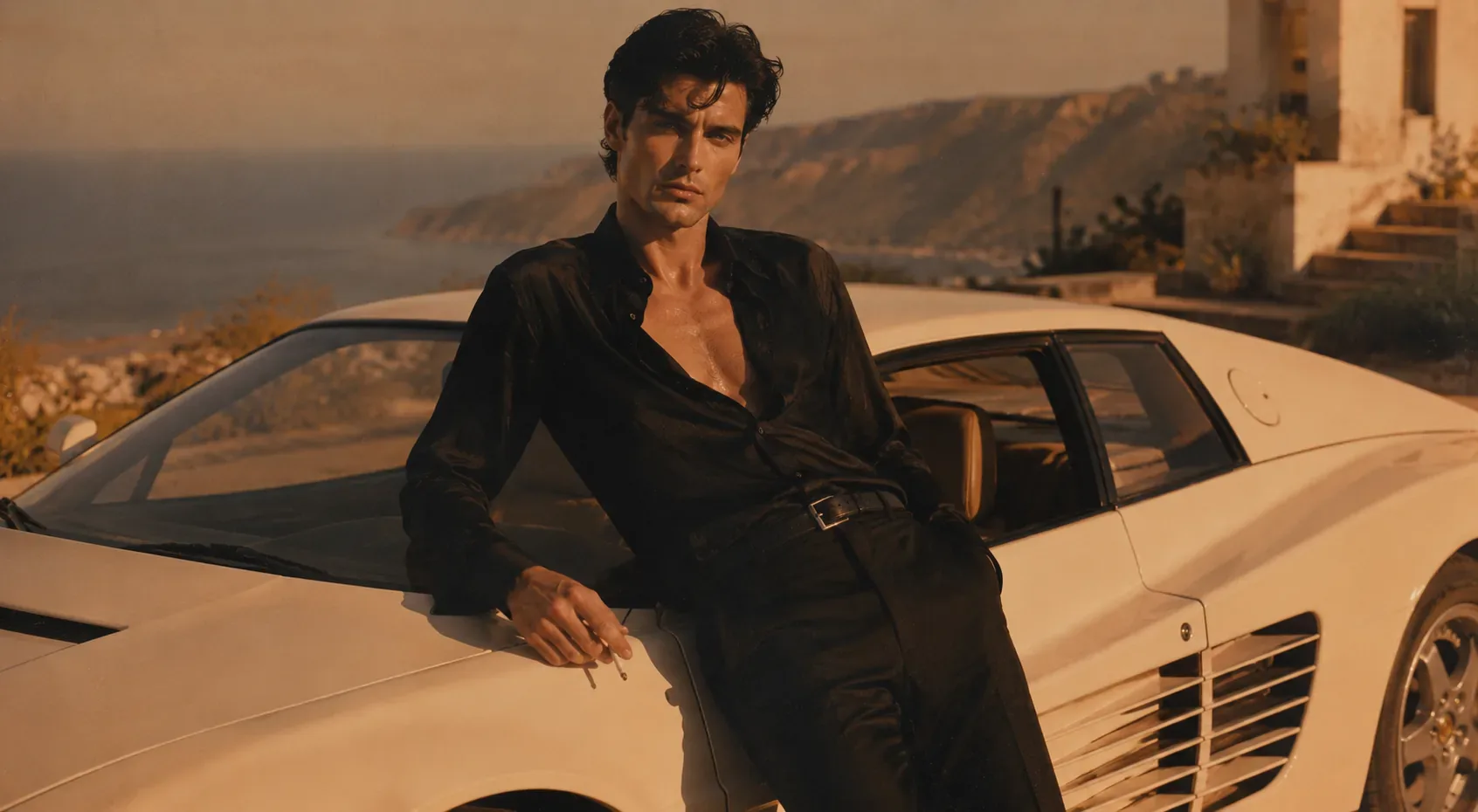Coastal sunset fashion portrait leaning against a white sports car above the ocean.