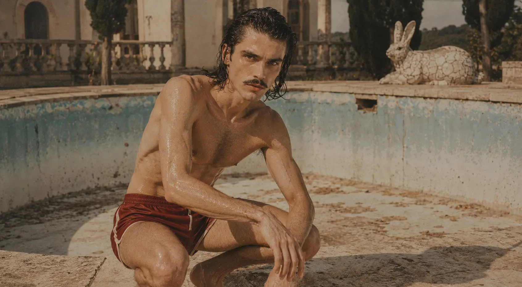 Poolside editorial portrait with red swim shorts and sculptural rabbit decor.