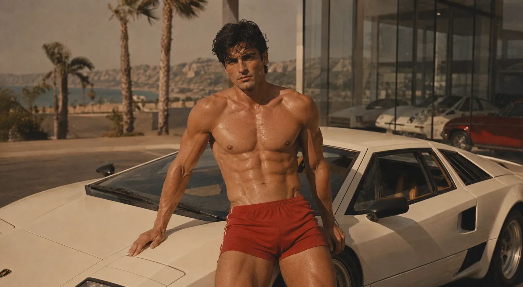 Sunlit sports car portrait with red shorts, palms, and a coastal road backdrop.